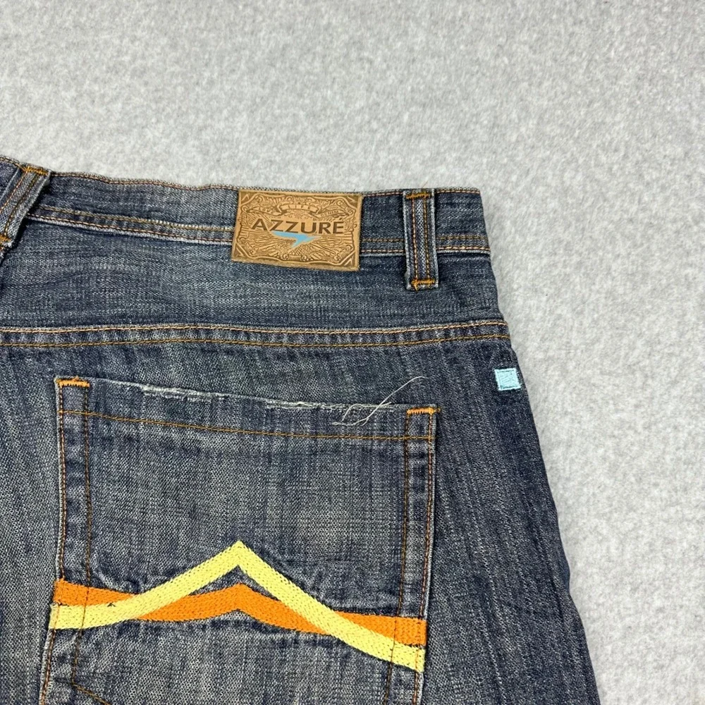 Azzure Mens Love Life Denim Shorts Dark Wash Embroidered‎ 40W Relaxed Fit Y2K